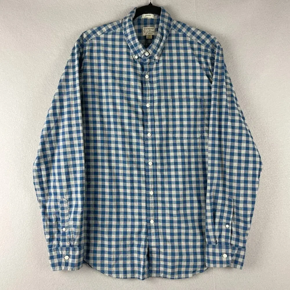 J‎ Crew Shirt Mens Large Blue Check Organic Cotton Button Down Stretch Preppy